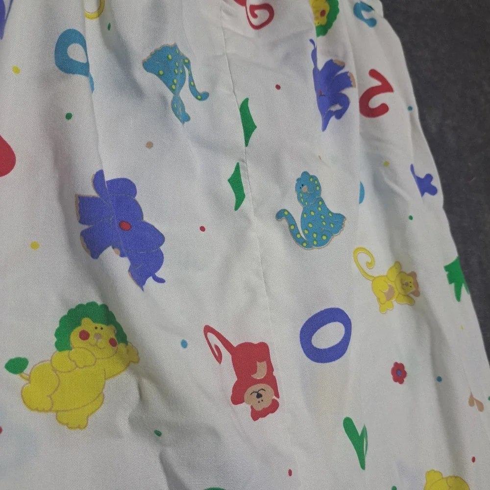 VTG Handmade Girls White Animal Numbers A-Line Dress Eyelet Hem Kidcore Retro